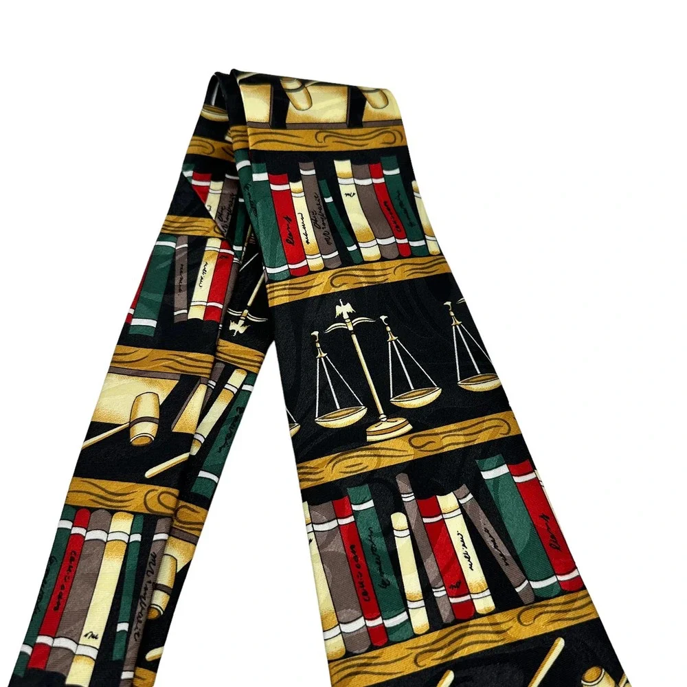 MULTICOLOR JUSTICE SCALE, MALLET, LAW BOOKS ALL OVER PRINT MEN’S TIE